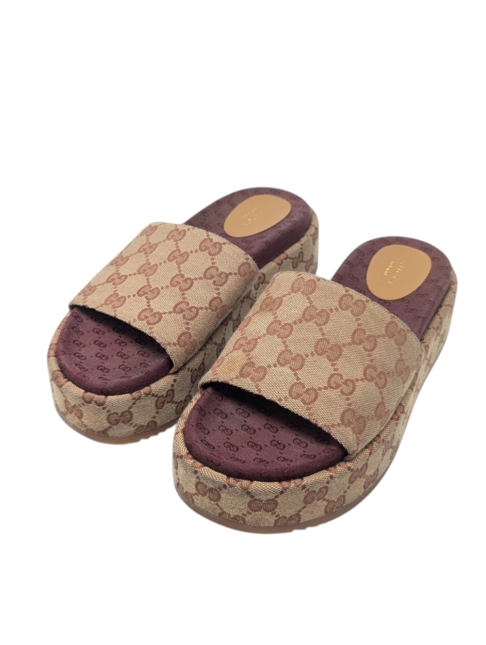 Gucci Angelina Burgundy Rust GG Monogram Logo Canvas Platform Slide Sandal EU 39